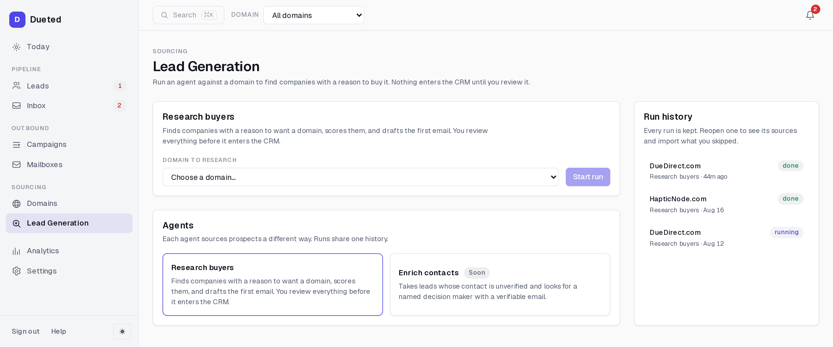 Dueted Lead Generation screen: the research agent runner beside a run history of three past runs, and an agent list where a second agent is marked Soon